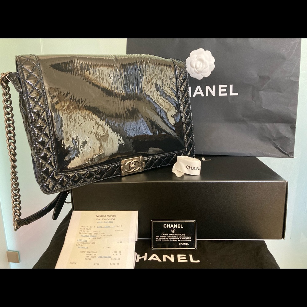 Authentic Chanel Patent Large Reverso Le Boy Messenger Bag
